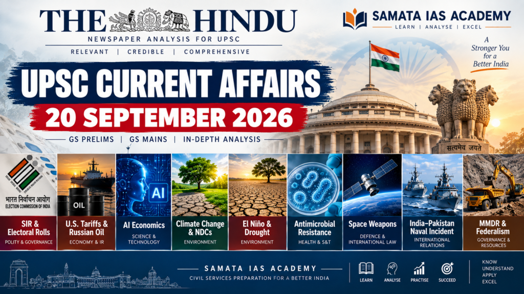 UPSC Current Affairs 20 September 2026 — The Hindu newspaper analysis covering electoral rolls, Russian oil and U.S. tariffs, AI economics, climate change, El Niño and drought, antimicrobial resistance, space weapons, India–Pakistan naval tensions, and federalism.